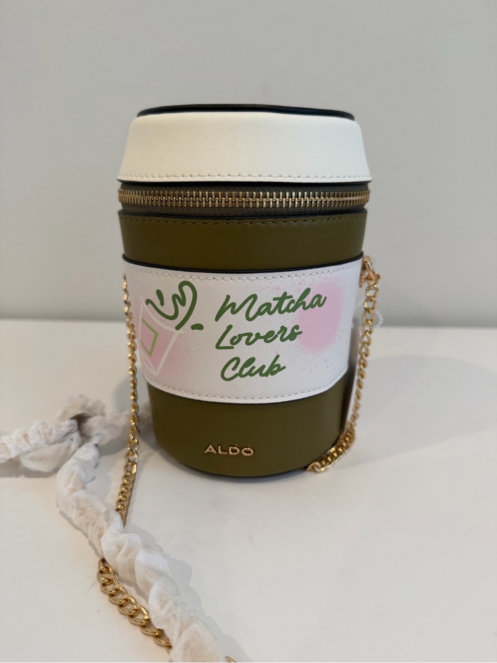 ALDO Matcha Lovers Club Olive Green and White Chain Crossbody Phone Case